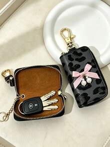 Multi-Functional Key Bag, Adorned With Pearl Bow Decorations, Leopard Print Key Pouch, Zipper Key Storage Bag, Car Key Chain, Compact Key Wallet, Key Chain, Zipper Key Storage Bag, Halloween Gift, Teacher's Day Gift, Small Gift, Key Chain, Key Chain, Suitable For Women, Car Key Chain, Suitable For Men Mini Wallet - Multicolor - View 6