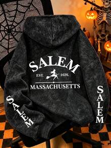 Witch Letter Print Plus Size Women's Casual Autumn/Winter Long Sleeve Pocket Hooded Sweatshirt Black Distressed Washed Sweatshirt, Suitable For Halloween Outfit - Black - View 1