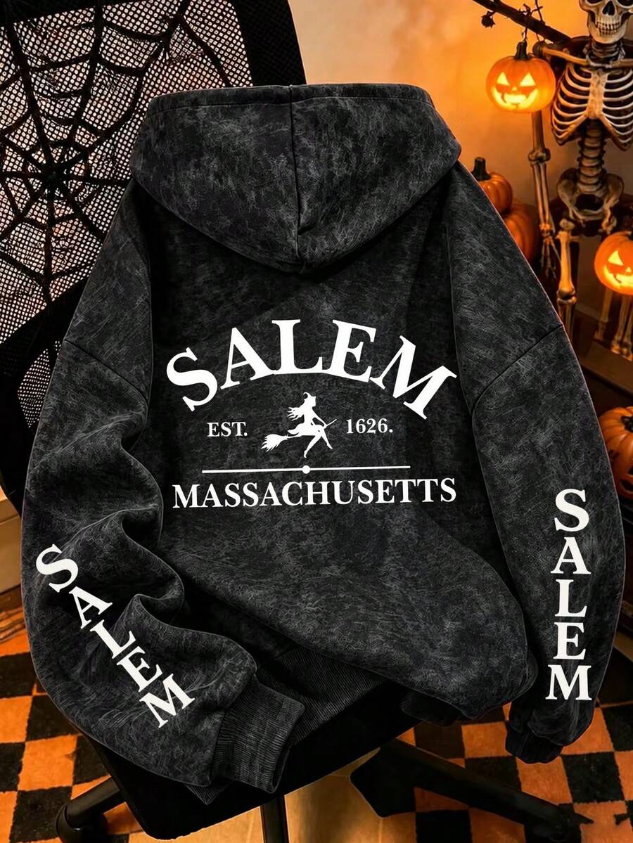 Witch Letter Print Plus Size Women's Casual Autumn/Winter Long Sleeve Pocket Hooded Sweatshirt Black Distressed Washed Sweatshirt, Suitable For Halloween Outfit - Black - View 1