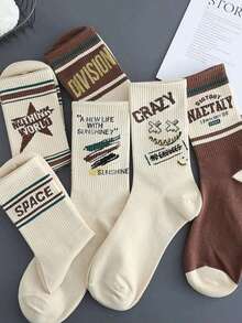 5 Pairs Random Style, Boat Socks With Mayer Print And Vintage Letter Print, Fashionable Men's Sports Socks, Suitable For Autumn Wear. - Multicolor - View 4