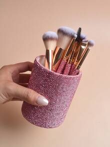 10pcs Multi-Function Rhinestone Makeup Brush Set - Includes 9 Luxury Charming Rhinestone Handle Brushes And 1 Fully Rhinestone Storage Tube - Desktop Storage Tube, Makeup Brush Storage Tube, Practical Makeup Brush Set - Suitable For All Skin Types - Multicolor - View 9