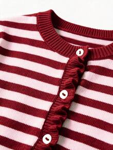春夏女款極簡優雅單排扣條紋拼接配色長袖針織開襟衫 - 紅色拼淺粉色 - 查看 9