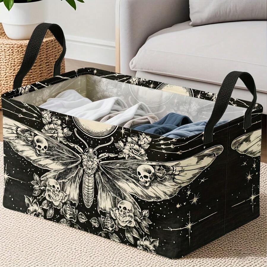 1PC Gothic Moth Skull Moon Floral Print Storage Basket With Handles, Dark Celestial Starry Rose Vintage Pattern Household Organizer Bin, Suitable For Multi‑Purpose Storage Of Clothes Sundries, Home And Room Decor - Black - View 1