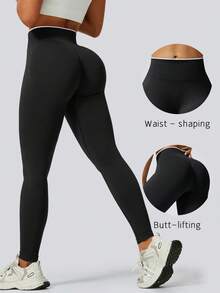 Legging Fitness Wanita Warna Hitam dengan Blok Warna, Pinggang Bergaris untuk Membentuk Bokong dan Mengangkat Tubuh, Cocok untuk Gym, Yoga, Lari, Pakaian Olahraga Musim Gugur/Dingin - Hitam - View 1