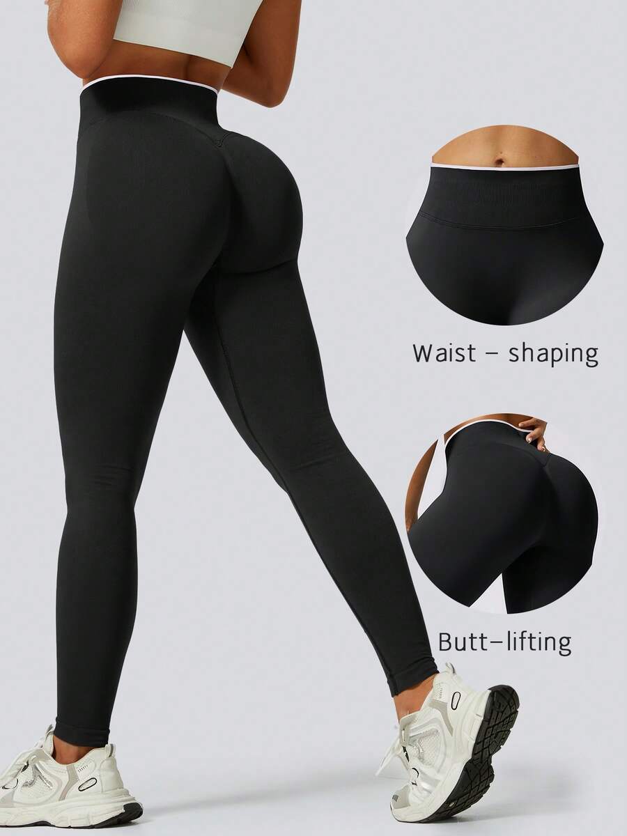 Legging Fitness Wanita Warna Hitam dengan Blok Warna, Pinggang Bergaris untuk Membentuk Bokong dan Mengangkat Tubuh, Cocok untuk Gym, Yoga, Lari, Pakaian Olahraga Musim Gugur/Dingin - Hitam - View 1