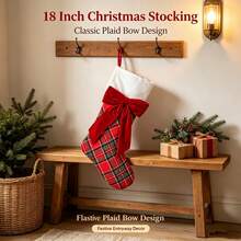 Red Christmas Stockings Retro Plaid Bow Hanging Decorative Socks For Mantel - Green - View 5