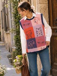 New Spring/Summer Women's Round Neck Sleeveless Tank Top, Cartoon Colorful Cat Print, Colorblock Knit Trim, Suitable For Daily Wear Fall - Apricot - View 7