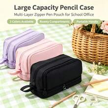 Large Capacity Multi‑Layer Pencil Case, Portable Zipper Pen Pouch With Multiple Compartments, Durable Oxford Stationery Storage Bag, Handheld Design Desk Organizer For Pens Markers Cosmetics, Practical Office & School Supplies, Multi‑Color Available - Multicolor - View 9