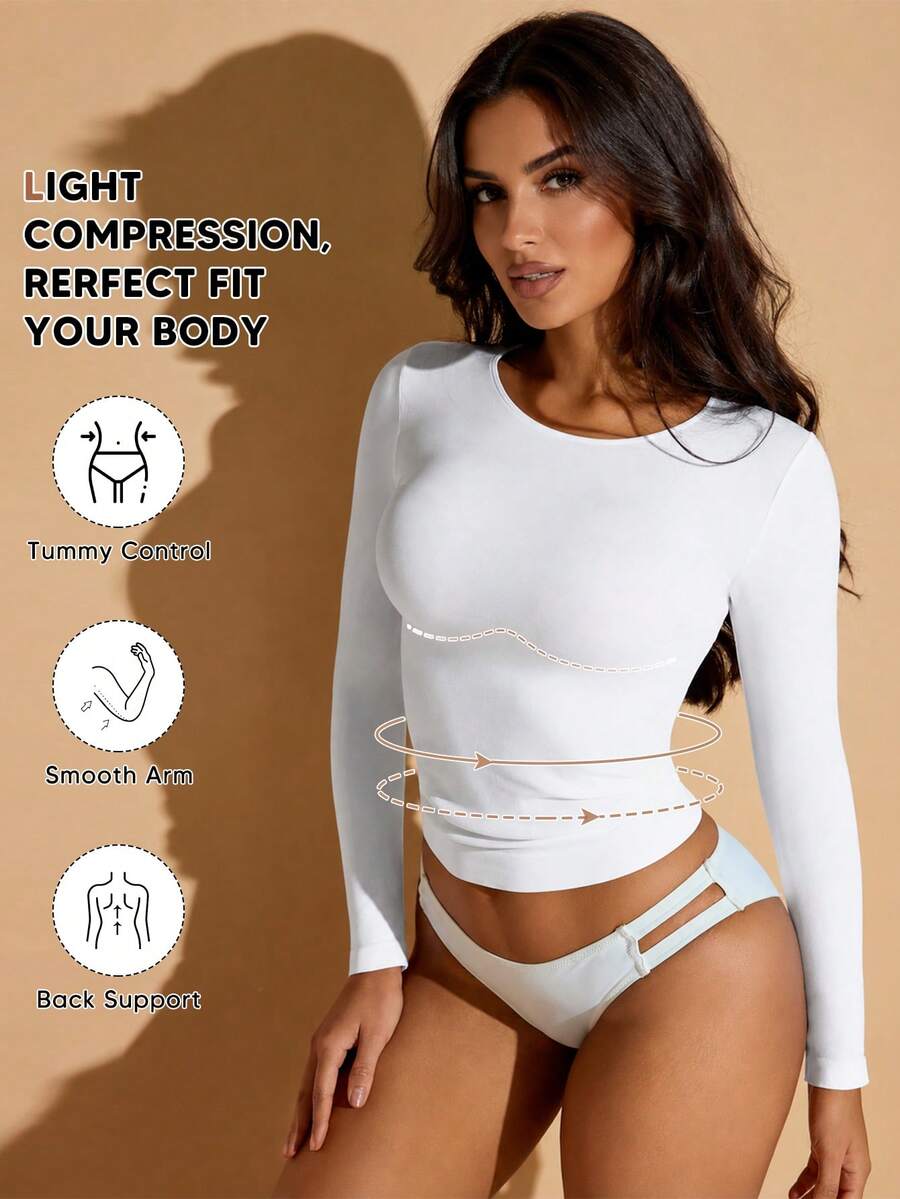 Women's White Crew Neck Long Sleeve T-Shirt, High Elasticity Fabric, Mild Shaping Waist, Regular Length Casual Spring - White - View 1