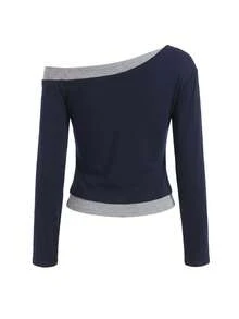 拼接設計 2 合 1 不對稱單肩長袖 T-shirt，鉚釘裝飾修身上衣 - 藏蓝色 - 查看 3
