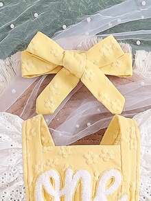 Set 2 Potong Bayi Perempuan Kasual Lucu Motif Bunga Bordir Huruf Romper dan Pita Hiasan Ruffle, Cocok untuk Pemakaian Sehari-hari dan Pesta - Kuning - View 7