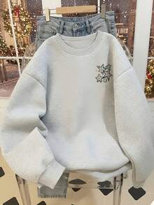 Vintage Distressed Graffiti Colorful Star & Smiling Face Back Print Crew Neck Sweatshirt Women Light Grey Loose Lazy Autumn Pullover - Light Grey - View 3
