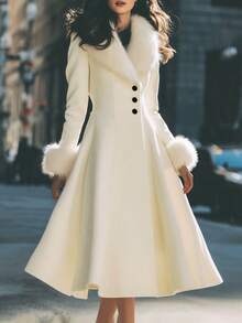 Women's White Overcoat, Vintage Fur Collar, Cinched Waist, A-Line Mid-Length Overcoat, White Winter Christmas Coat - White - View 1
