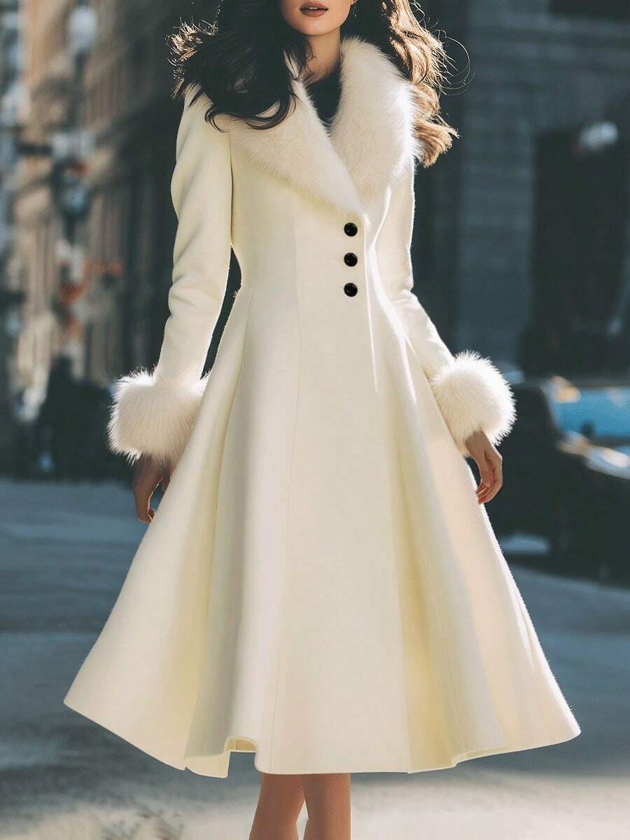 Women's White Overcoat, Vintage Fur Collar, Cinched Waist, A-Line Mid-Length Overcoat, White Winter Christmas Coat - White - View 1