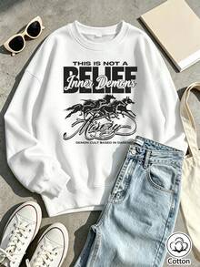 Women's Loose Fit Crew Neck Sweatshirt With Horse Print & Letter Graphic, Breathable Street Style Pullover For Casual - White - View 9