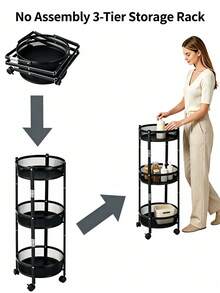 1 Pc No‑Installation 3‑Tier Round Rolling Storage Rack, Foldable Metal Basket Body, Equipped With Universal Casters, Unfold And Use Right Out Of The Box, Suitable For Kitchen, Bathroom, Living Room, Bedroom And Home Sundries Storage - Multicolor - View 4
