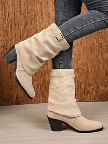 Sepatu Bot Ankle Ujung Persegi Modis, Sepatu Bot Denim Wanita Kasual Serbaguna, Hak Tebal, Gesper Sabuk, Berkerut, Bertumpuk - Krem - View 2