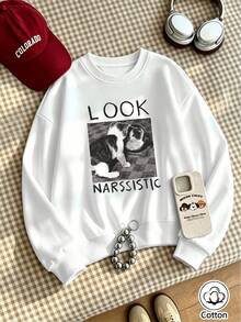 Relaxed Fit Round Neck Pullover Sweatshirt For Young Adults With Cat Photo Print & Letter Graphics, Breathable Casual Top For Spring - White - View 4