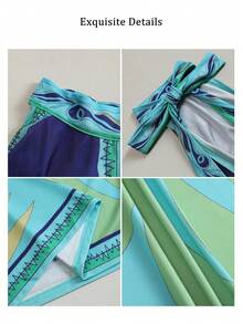 Pink Floral Print Silk Scarf Wrap Dress Elegant Vacation Summer, Resort Wear - Green - View 8