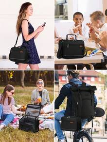 NEWHEY Bolsa de almuerzo grande aislada, bolsa enfriadora expandible a prueba de fugas unisex, bolsa de almuerzo reutilizable para el trabajo y picnic con correa de hombro ajustable - Negro - Ver 7