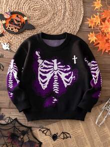 Boys Halloween Skeleton Bone Knit Pullover Sweater Suitable For Holiday Spring Autumn Winter - Black - View 2