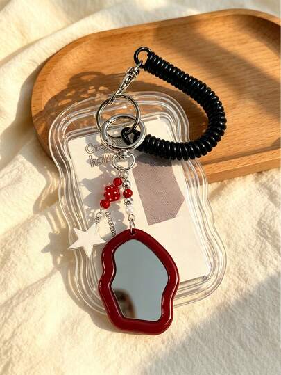 Porte-clés en acrylique Y2K exquis et à la mode, anneau de téléphone, porte-cartes, porte-clés de paquet de cartes, ensemble de paquet de cartes d'identité transparent, avec couvercle amovible et coulissant, porte-clés miroir rouge pour femmes et porte-clés pentagramme