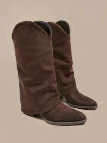 2026 New Wide-Shaft Retro Chunky Heel Mid-Calf Boots Pointed Toe Ruched Stacked Boots - Brown - View 4
