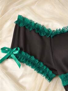 Women's Sexy 2 Pieces Maid Uniform Set, Bowknot Lace Collar, Deep V-Neck Bowknot Lace Contrast Color Lingerie Dress - Dark Green - View 6
