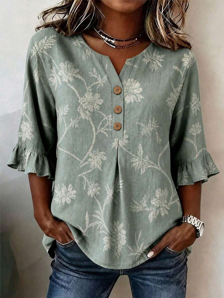 Plus Size Women's Bohemian Floral Print Front Button Notch Neck Short Sleeve Blouse With Ruffle Cuffs - Light Green - View 1