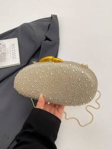 Women's Oval Hard Shell Evening Clutch, Full Rhinestone Polka Dot Pattern, Sparkling Rhinestone Embellished Fabric, Luxury Elegant Style, Suitable For Weddings, Balls And Cocktail Parties - Gold - View 7
