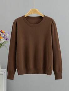 GIGOGOU 大尺碼 1XL-4XL 秋冬基礎款女式針織毛衣上衣長袖 - 鏽棕色 - 查看 2