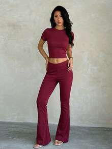 Women's Autumn Fashion Solid Color Casual Ribbed Short Sleeve Top And Straight Leg Pants 2 Pieces Set - Burgundy - View 4