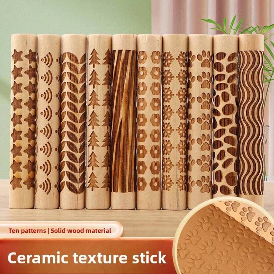 Multiple Wooden Clay Texture Rolling Pin Set, Pattern Embossing Rods For Pottery, Ceramic Clay Carving Tools, Multiple Texture Wooden Impression Sticks, Suitable For Handmade DIY Clay Crafting Materials - Brown - View 1