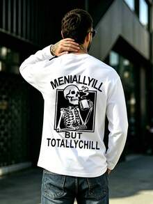 Men's Skull & English Slogan Print Pocket Long Sleeve T-Shirt, Streetwear Style, Long Sleeve Top - White - View 1