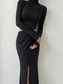 女款高領抓皺鏤空長袖開衩修身貼身黑色晚禮服 - 黑色 - 查看 4