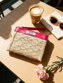 Contrast Color Straw Woven Patchwork Makeup Storage Bag, Zipper Wrist Strap Large Capacity Portable Toiletry Bag, Vacation Style Travel Organizer Bag, Travel Home Organization Essential, Birthday Holiday Gift For Best Friend, MIU MIU - Rose Red - View 6
