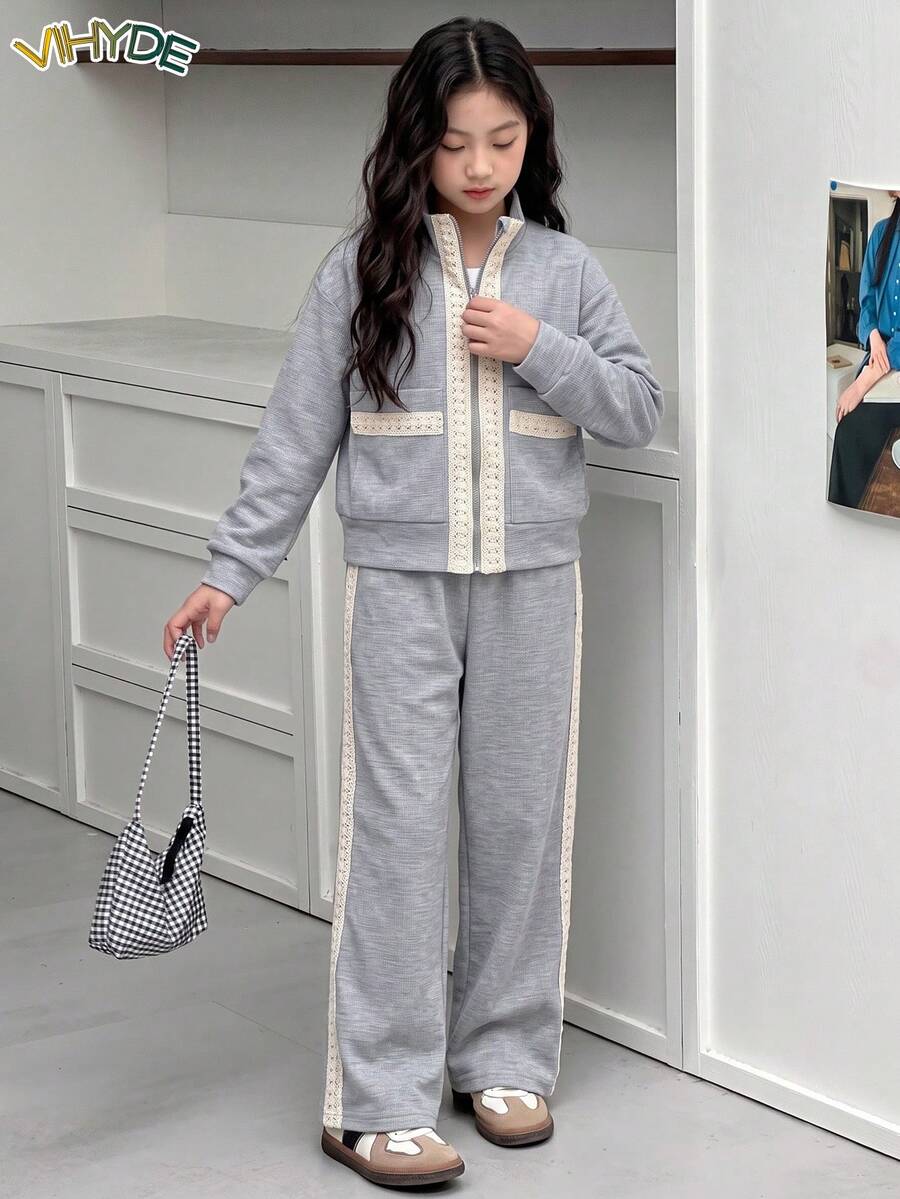 Vihyde Tween Girls Waffle Knit 2-Piece Set, Stand Collar Zip-Up Long Sleeve Jacket With Webbing Detail & Wide Leg Pants - Light Grey - View 1
