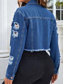 Women's Vintage Distressed Short Denim Jacket, Long Sleeve Lapel, Front Button Pockets, Suitable For Autumn Grunge Style - Blue - View 5