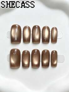 Shecass Medium Square Press On Nails Champagne Gold Glossy Fake Nails, Shiny Reusable Manicura For Daily Dating Wedding Party Banquet,Y2K Nails,Fall Winter Nail,Short Nails Art,Glue‑On Nails,Brown Cat Eye Gradient Glossy Manicura, Shimmer Moonlight - Multicolor - View 1