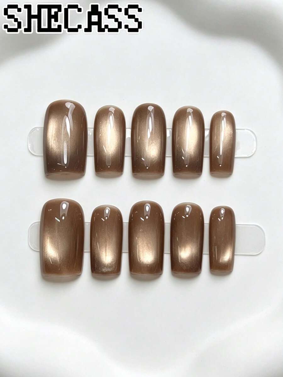 Shecass Medium Square Press On Nails Champagne Gold Glossy Fake Nails, Shiny Reusable Manicura For Daily Dating Wedding Party Banquet,Y2K Nails,Fall Winter Nail,Short Nails Art,Glue‑On Nails,Brown Cat Eye Gradient Glossy Manicura, Shimmer Moonlight - Multicolor - View 1