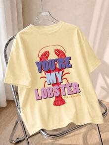 Summer Women Light Yellow Lobster Color Letter Print Oversized Casual Short Sleeve Tee - Yellow - View 1