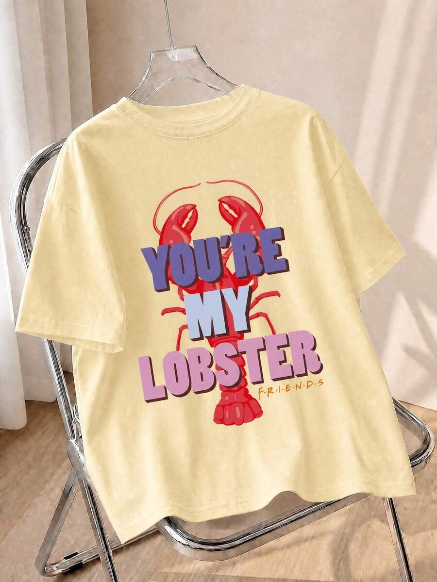 Summer Women Light Yellow Lobster Color Letter Print Oversized Casual Short Sleeve Tee - Yellow - View 1