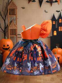 Baby Girls Asymmetric Neck Ghost Pumpkins Bat Haunted House Halloween Elements Pattern Satin Fabric Cute Party Princess Dress, Fabric Pattern Random Cut, Headband And Handbag Not Included - Multicolor - View 5