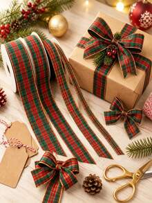 10 Yards Red And Green Plaid Ribbon With Luxury Gold Trim Pattern, Suitable For Gift Wrapping, Holiday Celebrations, Making Bows, Wreaths And Other DIY Crafts - Multicolor - View 2