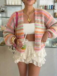 Women's Colorful Striped Knit Cardigan, Autumn Loose Soft Short Buttonless Outerwear, Vintage Slouchy Sweater Jacket - Multicolor - View 3
