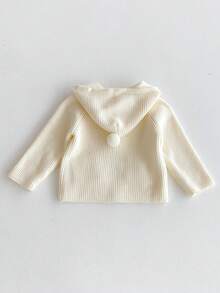 Áo khoác cardigan len gân màu be có mũ cho bé gái, kèm mũ pom pom, khóa kéo trước, túi, tay raglan, áo khoác ngoài - trắng - Xem 4