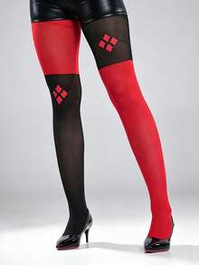 Red & Black Color Block Diamond Pattern Tights, Women's Long Stockings, Suitable For Theme Party Costumes - Red - View 4
