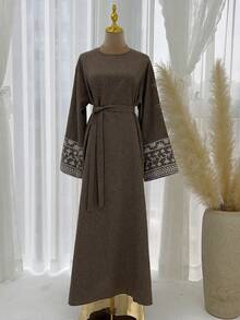 Gaun Abaya Muslimah Sederhana, Gaun Maxi Longgar Lengan Panjang dengan Bordir Bunga, Abaya Kasual untuk Pakaian Sehari-hari Wanita Muslim - MultiWarna - View 25