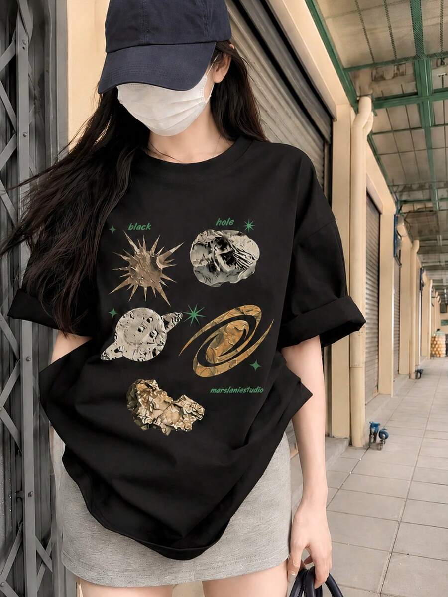 女款時尚春夏寬鬆圓領休閒百搭卡通字母星空印花短袖T恤夏季上衣黑色 - 黑色 - 查看 1
