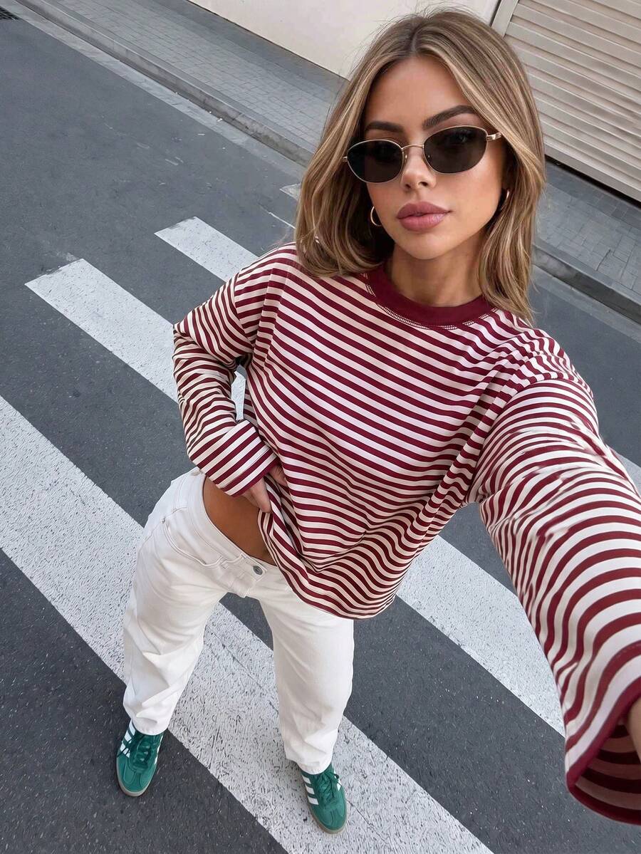 Plus Size Women's Red And White Striped Knit Fabric Regular Sleeve Crew Neck Long Sleeve Top Casual Spring - Red - View 1